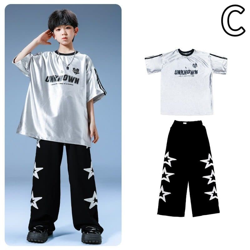 キッズ ダンス衣装 セットアップ 銀色トップス 星柄パンツ