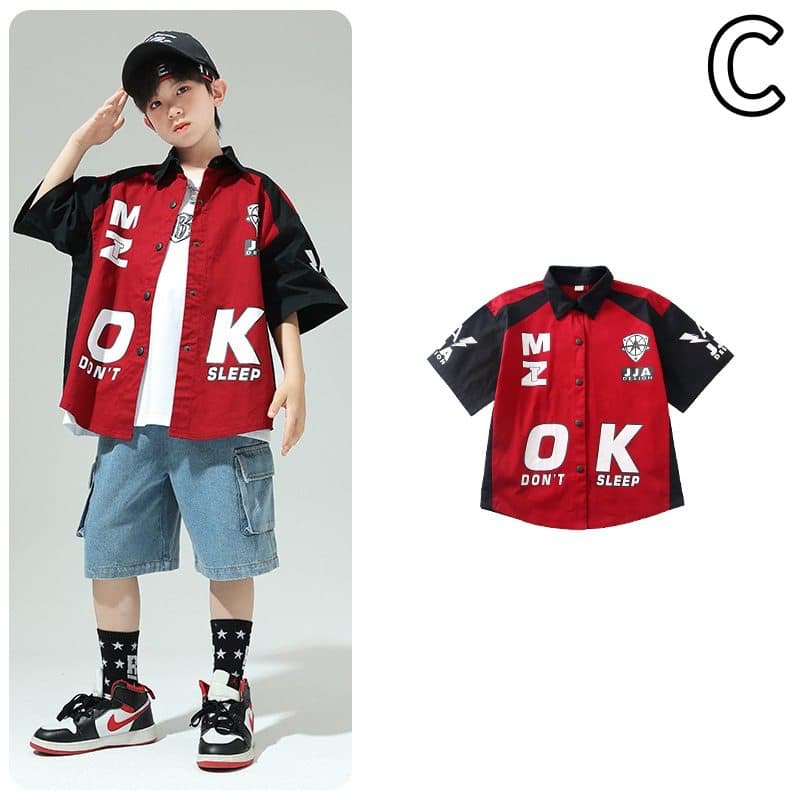キッズ ヒップホップ ダンス衣装 赤黒 半袖シャツ セット