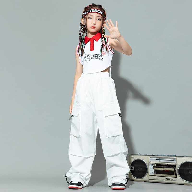 キッズ ダンス衣装 白色 上下セット ヒップホップ パフォーマンス用