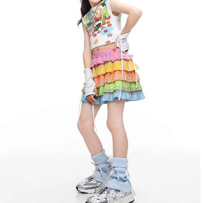 ダンス衣装 花柄トップス 虹色スカート セット