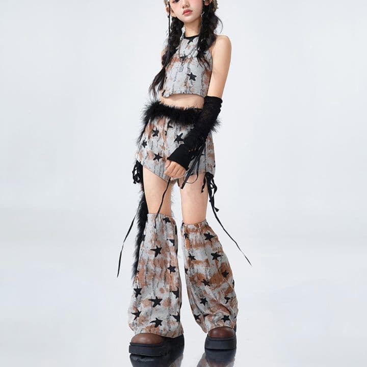 ダンス衣装 星柄透け感クロップトップレッグウォーマー付きセット
