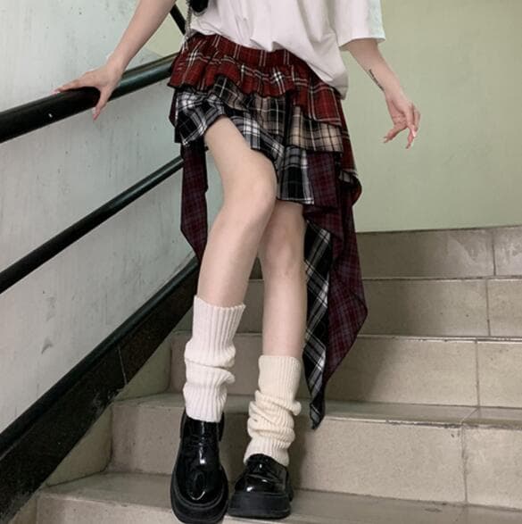 韓国風チェック柄不規則裾ミニスカート段々フリルダンス衣装