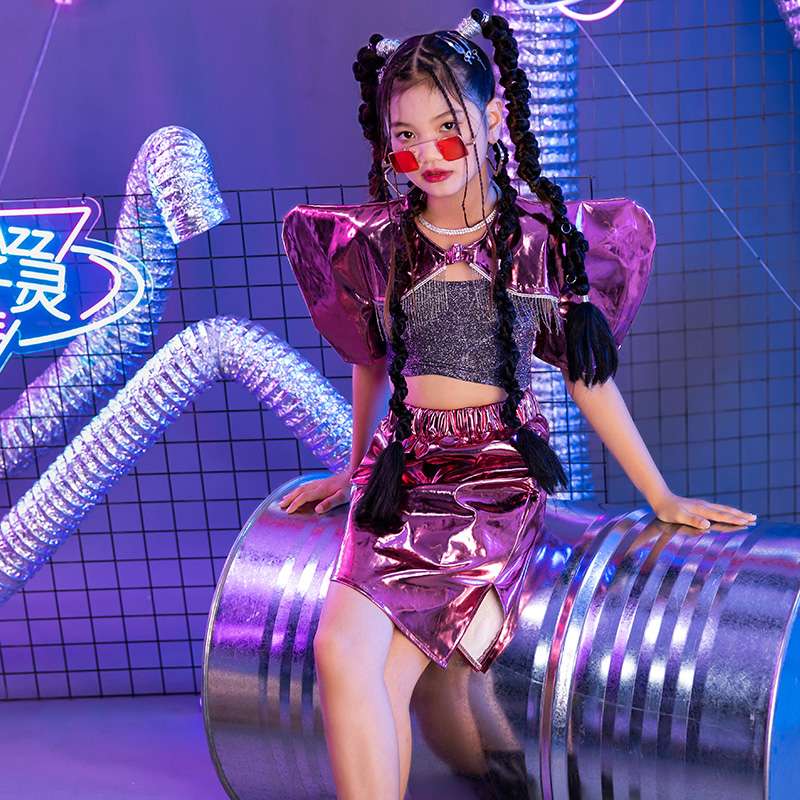 ダンス衣装 メタリックパフスリーブキッズセットアップ