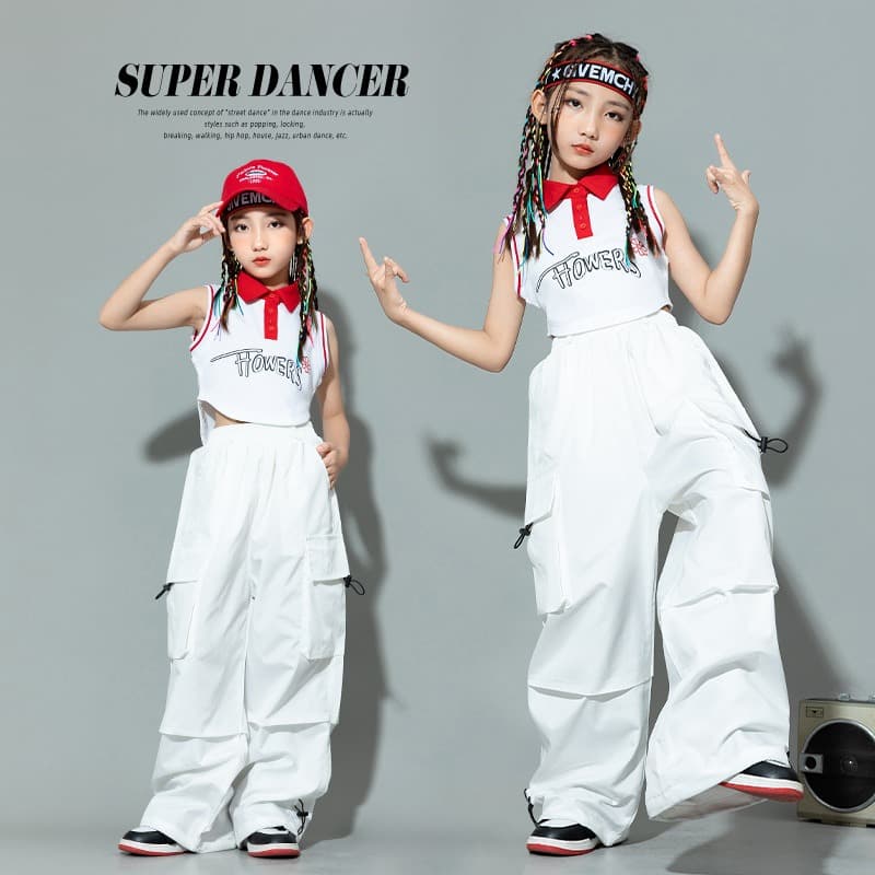 キッズ ダンス衣装 白色 上下セット ヒップホップ パフォーマンス用