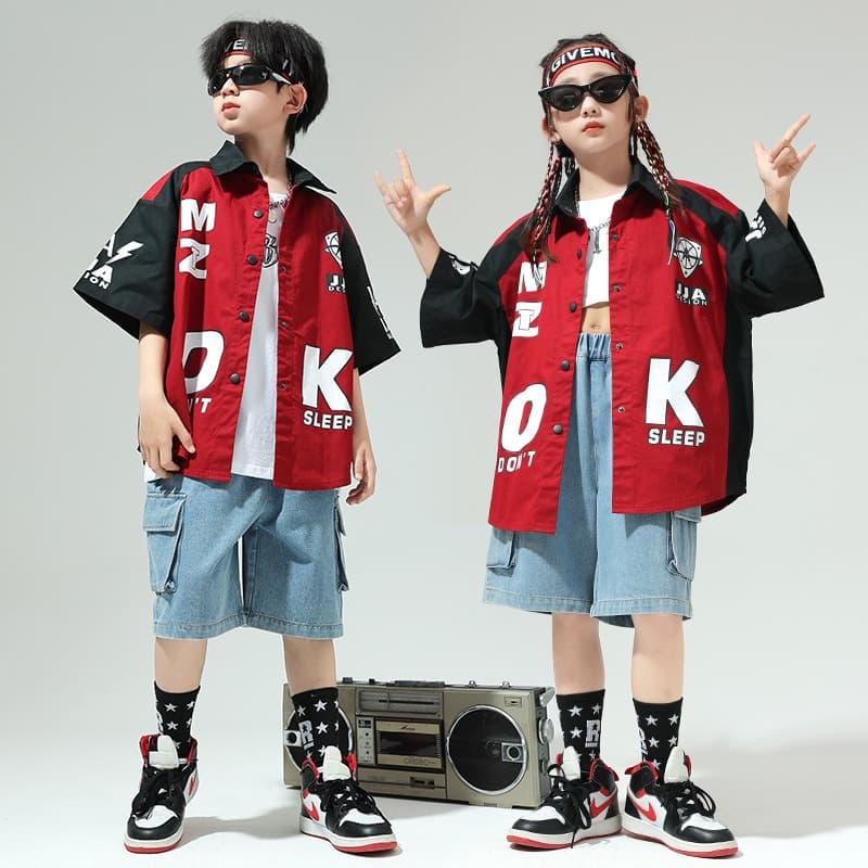 キッズ ヒップホップ ダンス衣装 赤黒 半袖シャツ セット