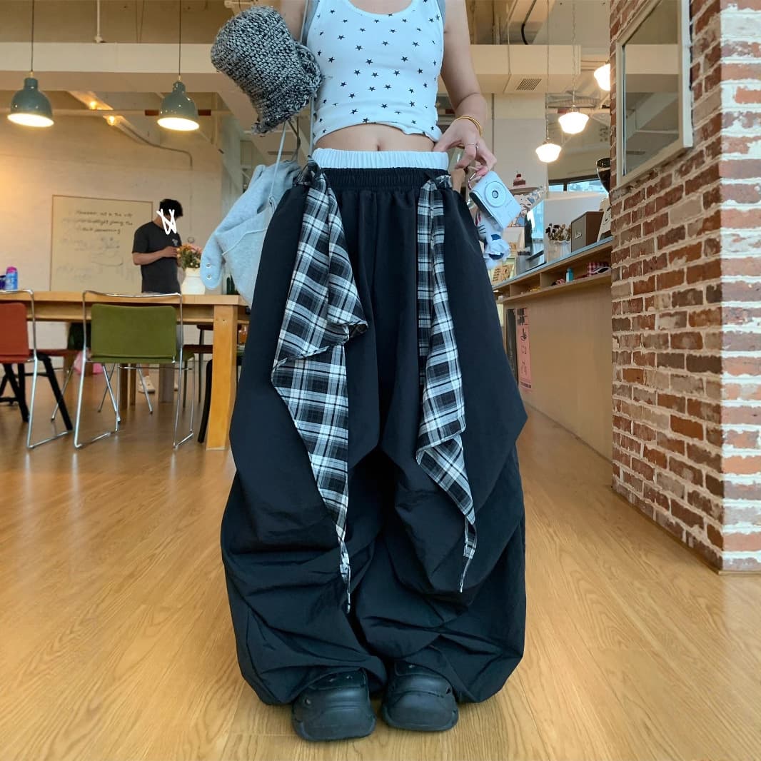 ダンス衣装 チェック柄切替ワイドパンツ