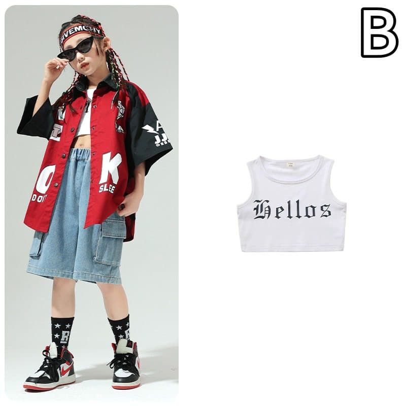 キッズ ヒップホップ ダンス衣装 赤黒 半袖シャツ セット