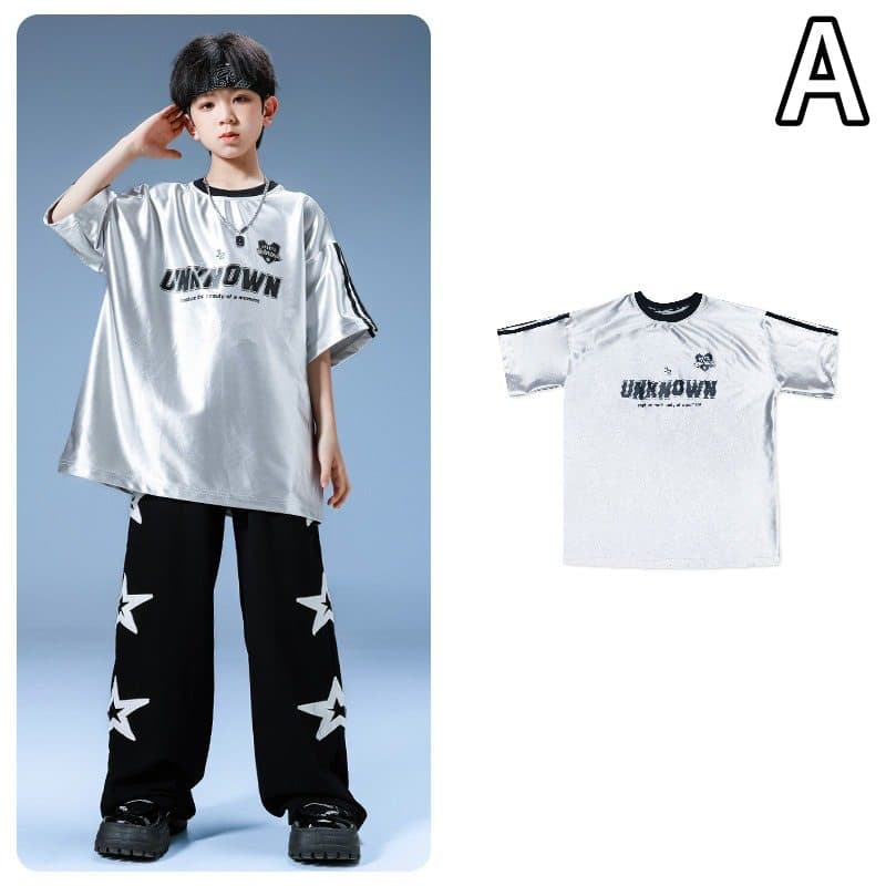 キッズ ダンス衣装 セットアップ 銀色トップス 星柄パンツ