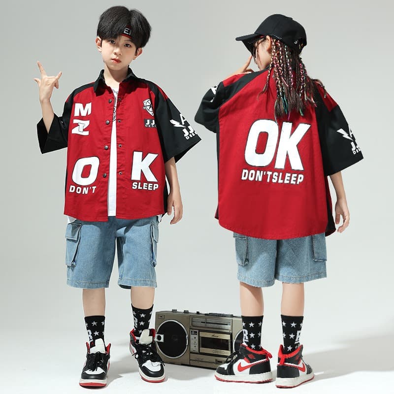 キッズ ヒップホップ ダンス衣装 赤黒 半袖シャツ セット