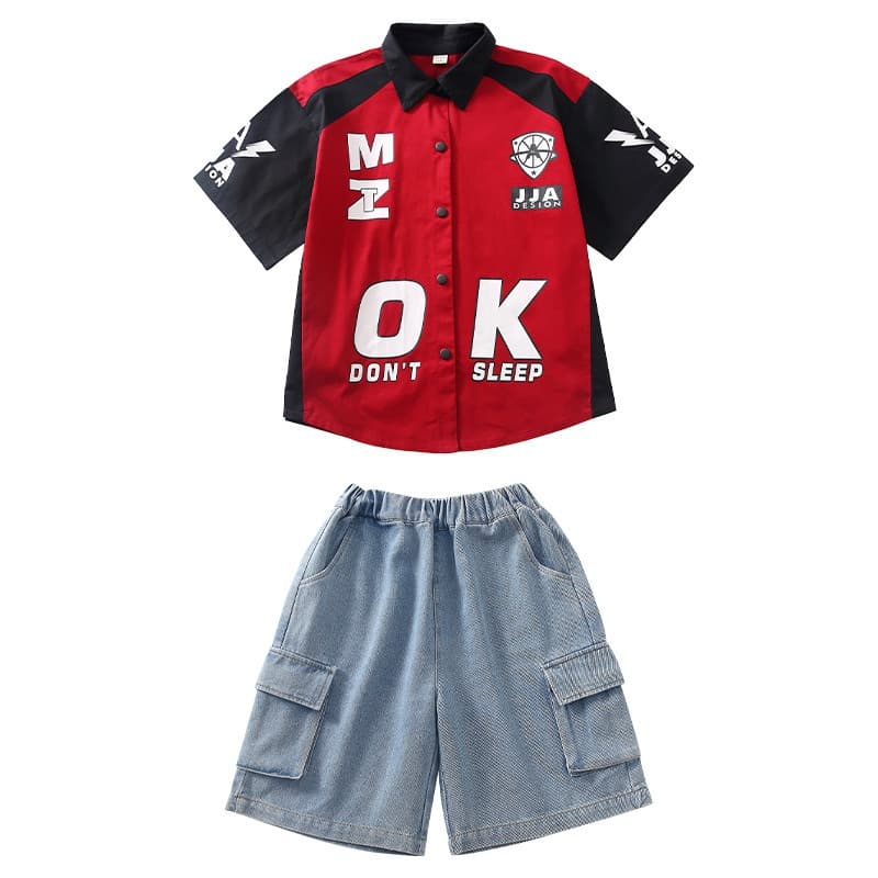 キッズ ヒップホップ ダンス衣装 赤黒 半袖シャツ セット