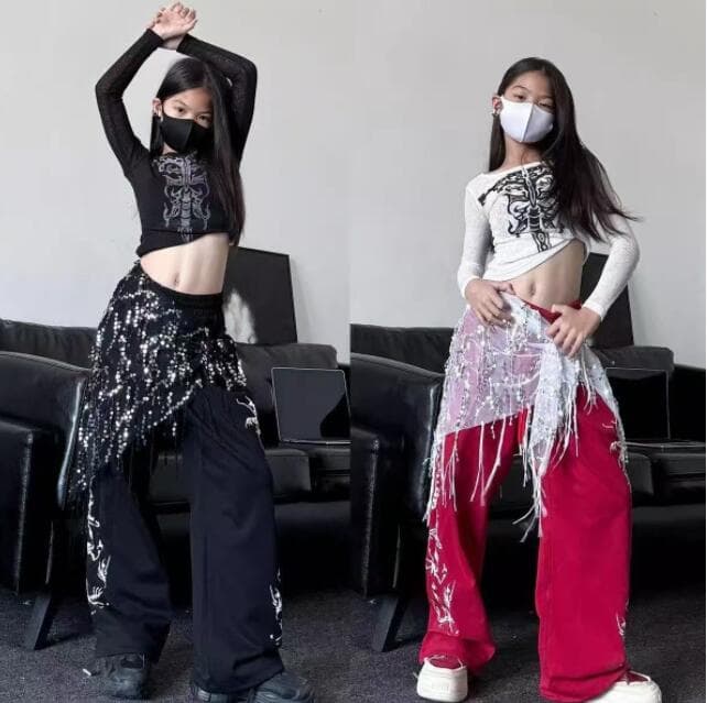 子供用ロック風ダンス衣装 長袖上下セット ステージ演出服