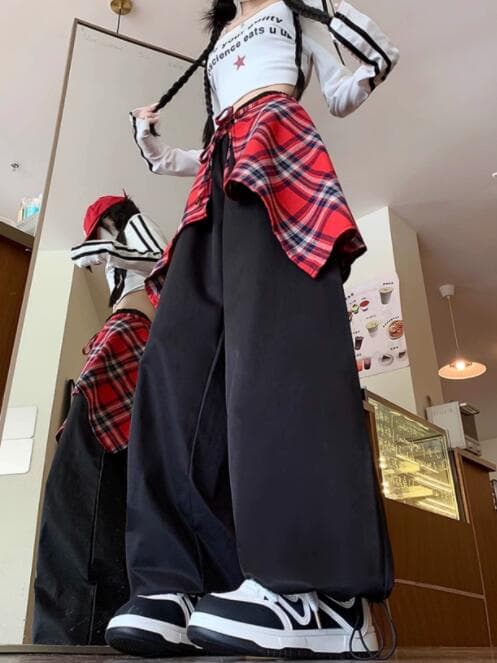 ロック風チェック柄ワイドパンツ キッズダンス衣装