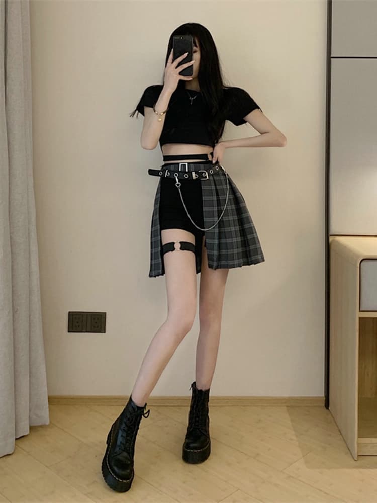 ダンス衣装 格子柄アシンメトリースカート衣装