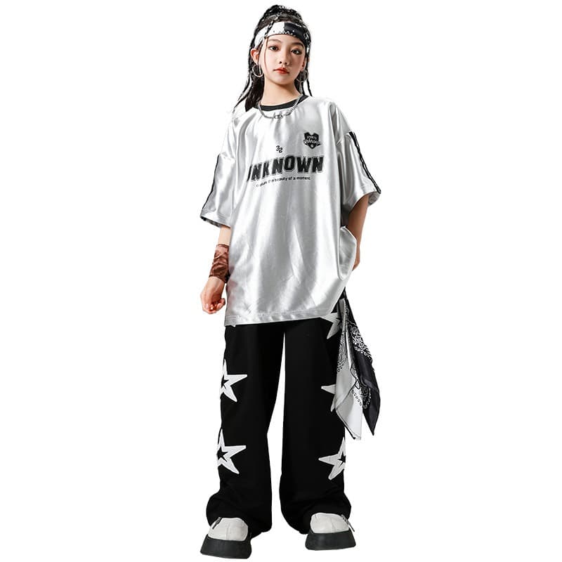 キッズ ダンス衣装 セットアップ 銀色トップス 星柄パンツ