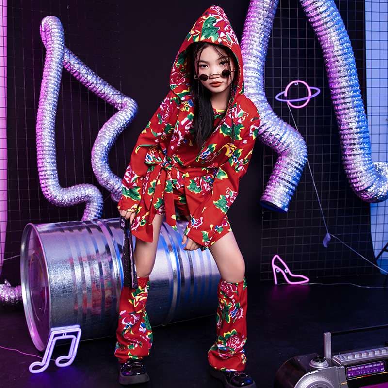 ダンス衣装 花柄フード付きダンスセットアップ