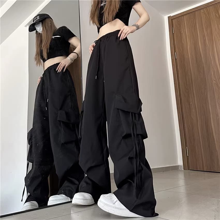 ダンス衣装 ヒップホップ カーゴパンツ ワイド ダンス ズボン 黒 体型カバー