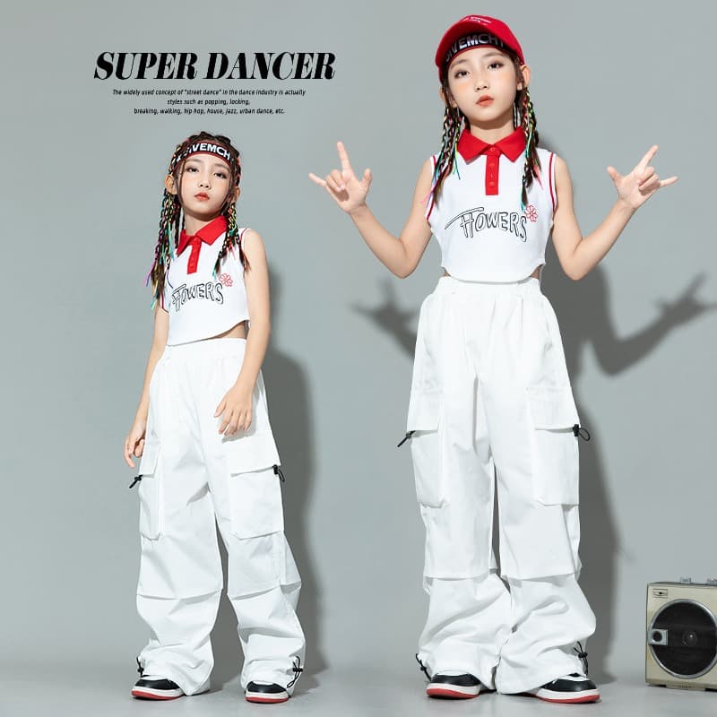 キッズ ダンス衣装 白色 上下セット ヒップホップ パフォーマンス用