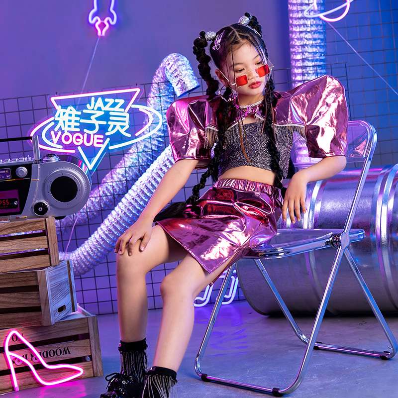 ダンス衣装 メタリックパフスリーブキッズセットアップ
