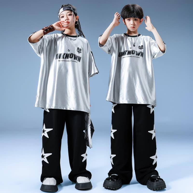 キッズ ダンス衣装 セットアップ 銀色トップス 星柄パンツ