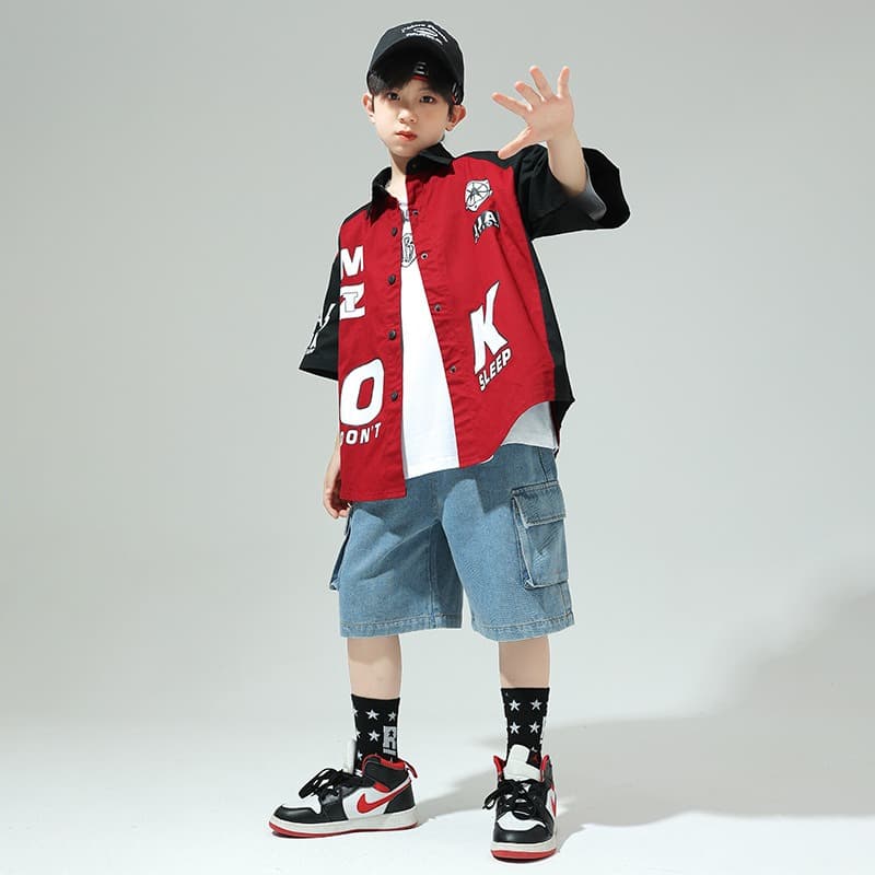 キッズ ヒップホップ ダンス衣装 赤黒 半袖シャツ セット