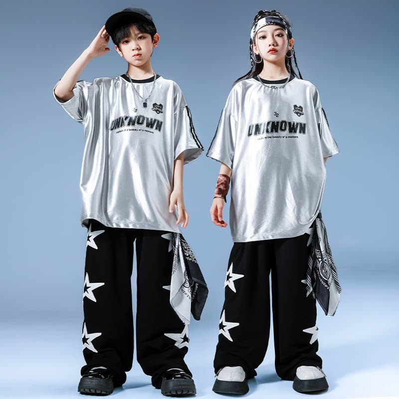 キッズ ダンス衣装 セットアップ 銀色トップス 星柄パンツ