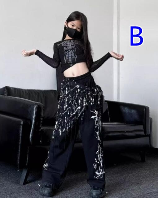 子供用ロック風ダンス衣装 長袖上下セット ステージ演出服