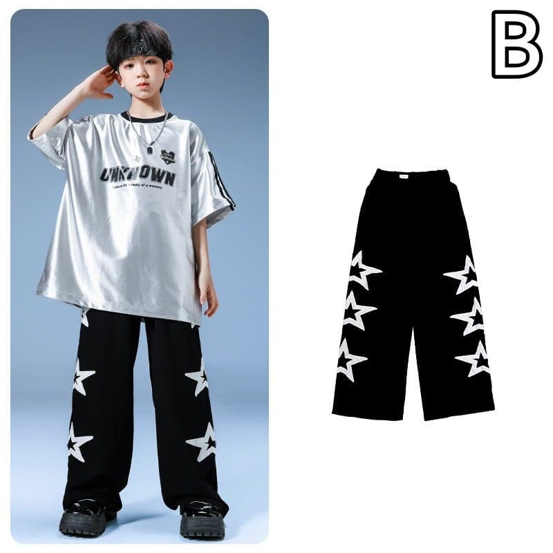 キッズ ダンス衣装 セットアップ 銀色トップス 星柄パンツ