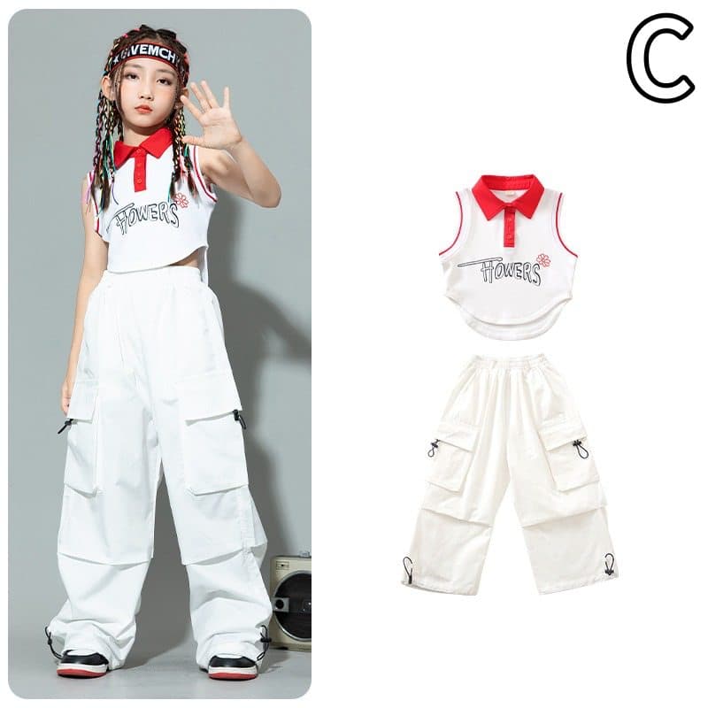 キッズ ダンス衣装 白色 上下セット ヒップホップ パフォーマンス用