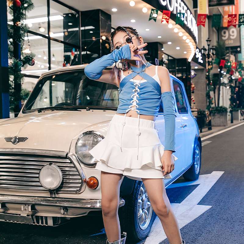 ダンス衣装 フリル付きレースアップキャミワンピース