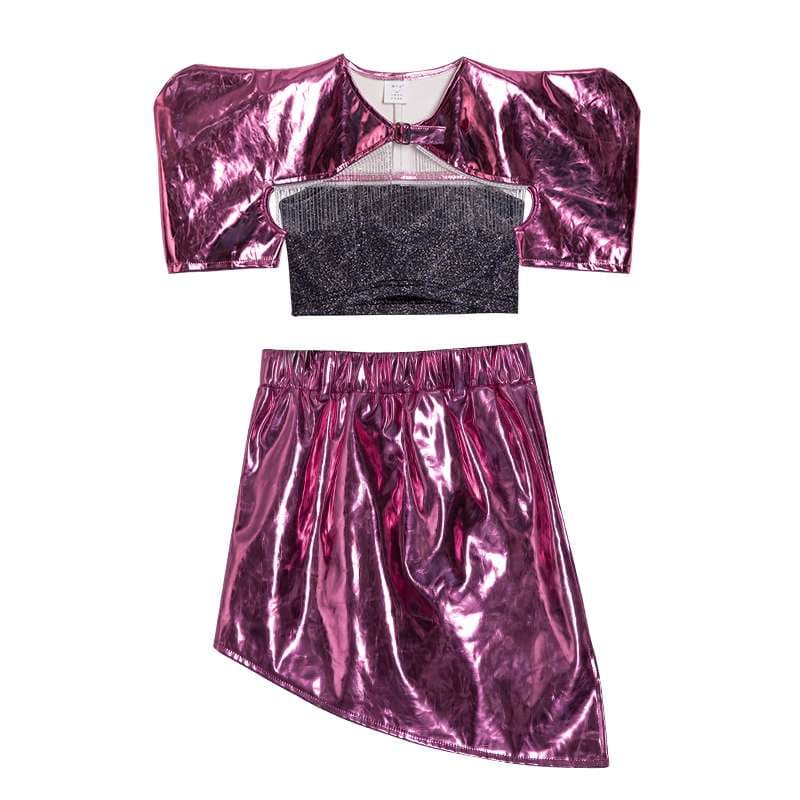 ダンス衣装 メタリックパフスリーブキッズセットアップ