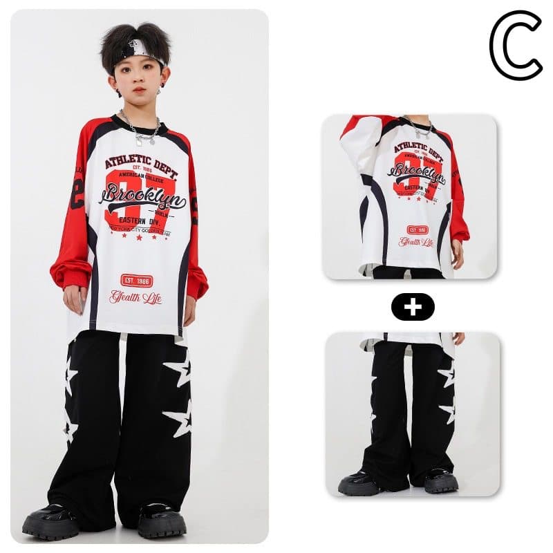 キッズ ダンス衣装 上下セット 星柄 赤白黒 パフォーマンス用