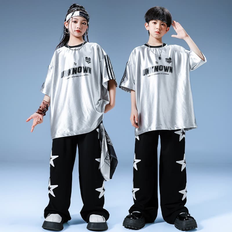 キッズ ダンス衣装 セットアップ 銀色トップス 星柄パンツ