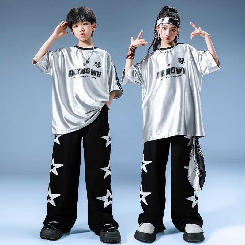キッズ ダンス衣装 セットアップ 銀色トップス 星柄パンツ