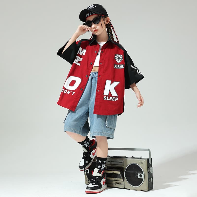 キッズ ヒップホップ ダンス衣装 赤黒 半袖シャツ セット