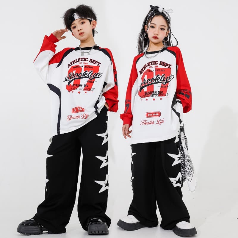 キッズ ダンス衣装 上下セット 星柄 赤白黒 パフォーマンス用