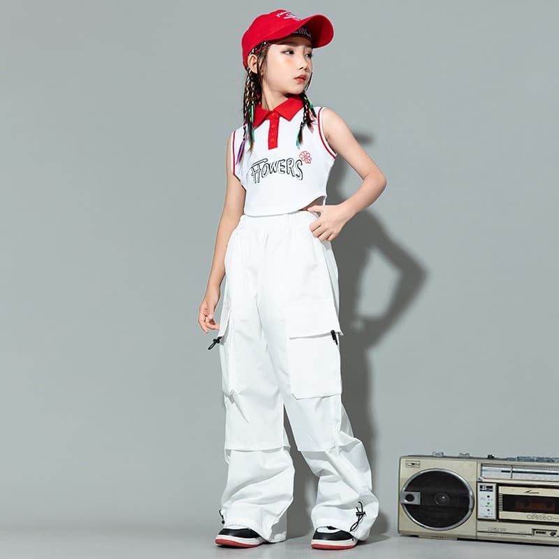 キッズ ダンス衣装 白色 上下セット ヒップホップ パフォーマンス用