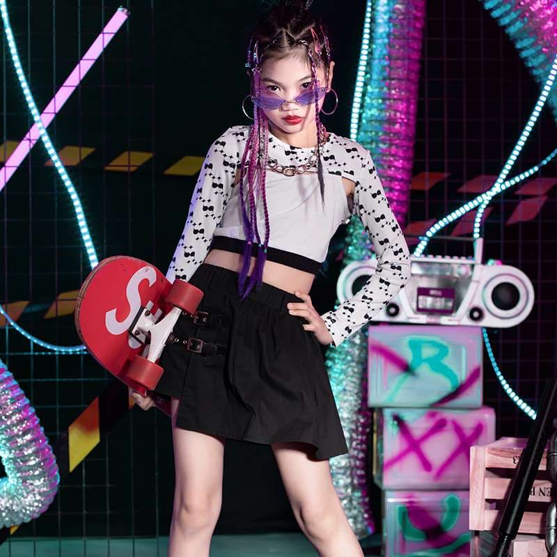 ダンス衣装 リボン柄メッシュクロップトップセット