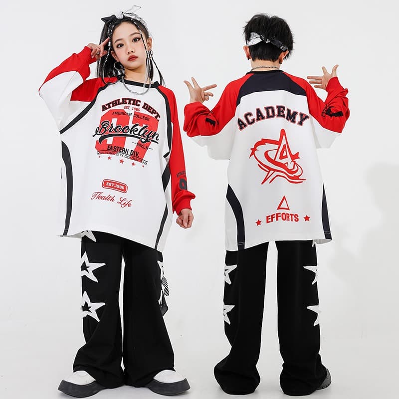 キッズ ダンス衣装 上下セット 星柄 赤白黒 パフォーマンス用