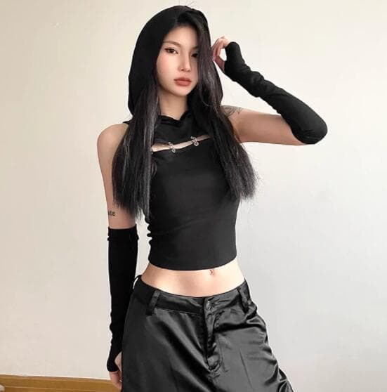 ダンス衣装 ロック系レディースフード付きベスト腕カバーセット