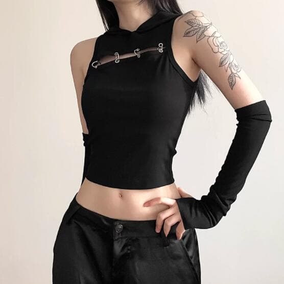ダンス衣装 ロック系レディースフード付きベスト腕カバーセット