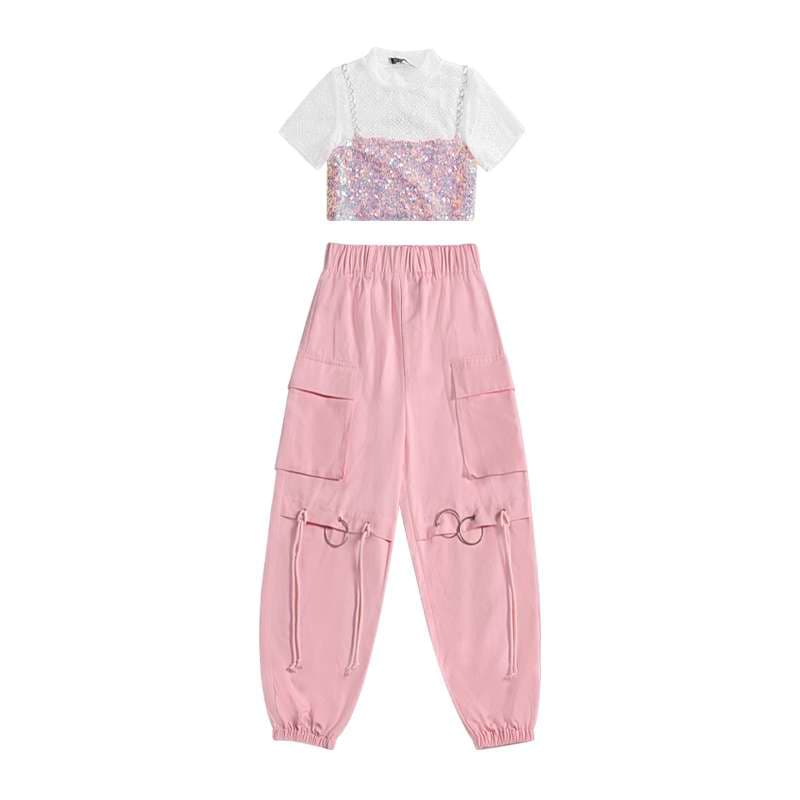 ダンス衣装 光沢メッシュキャミ＆カーゴパンツセット
