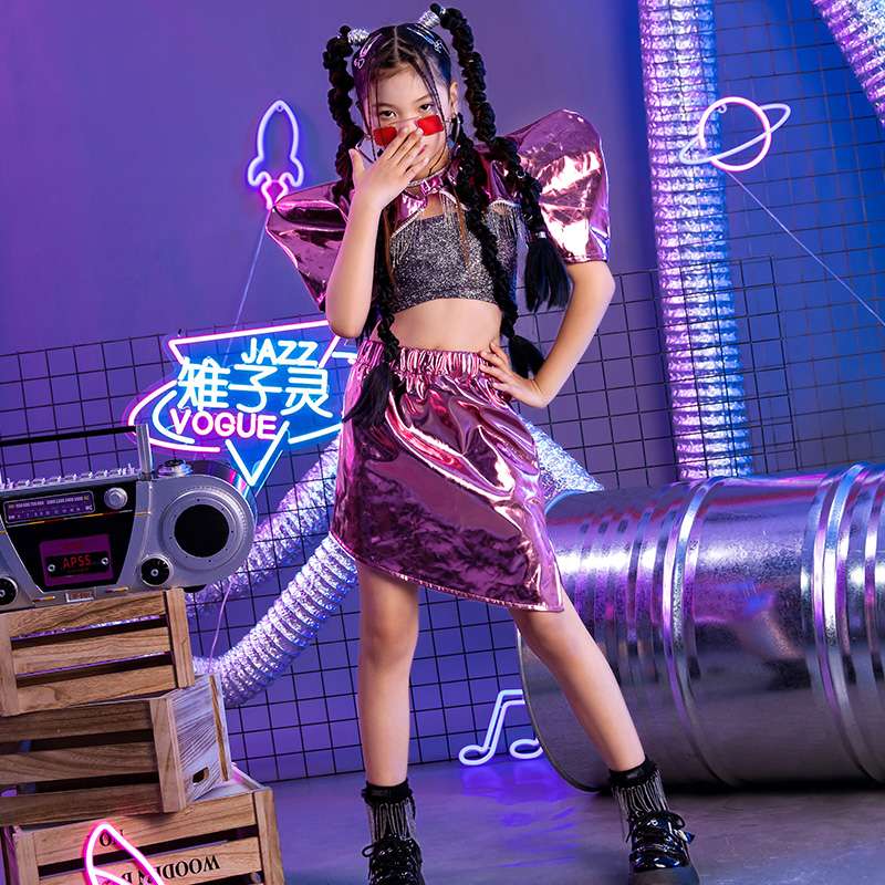ダンス衣装 メタリックパフスリーブキッズセットアップ