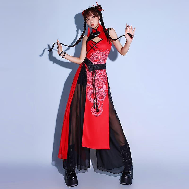 ダンス衣装 龍紋様チャイナ風ステージ衣装