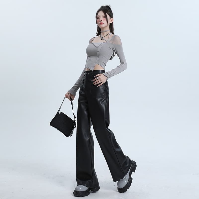 ダンス衣装 ヒップホップ 合成皮革ワイドパンツとへそ出しトップスセット