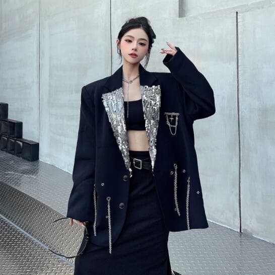 ロックダンス衣装 レディース スパンコール装飾 ヴィンテージ風ジャケット