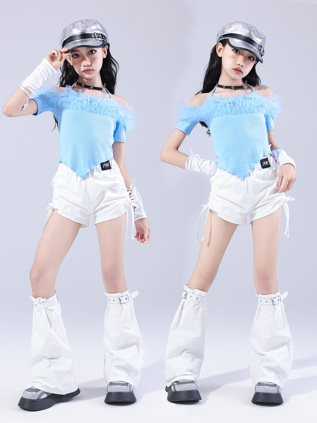 ダンス衣装 ふわふわファー付きオフショルダーダンスセット