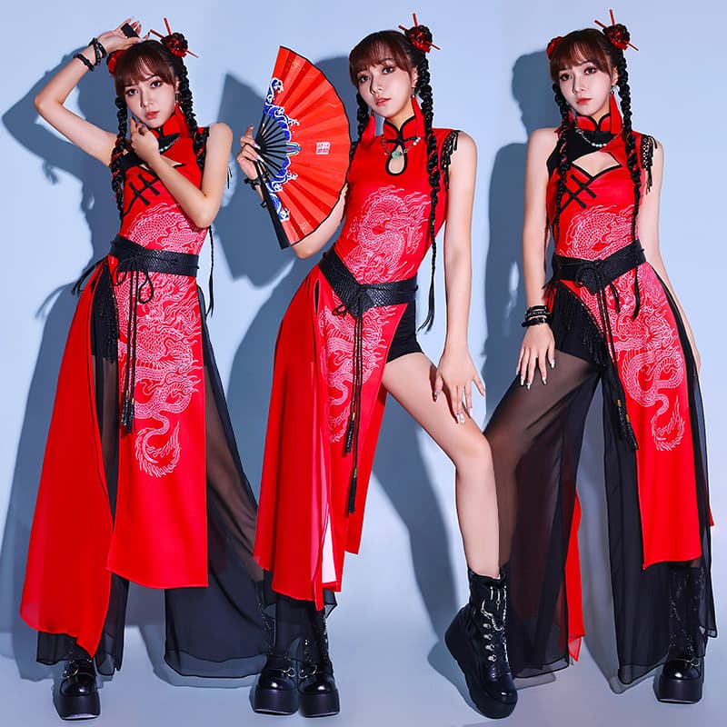 ダンス衣装 龍紋様チャイナ風ステージ衣装