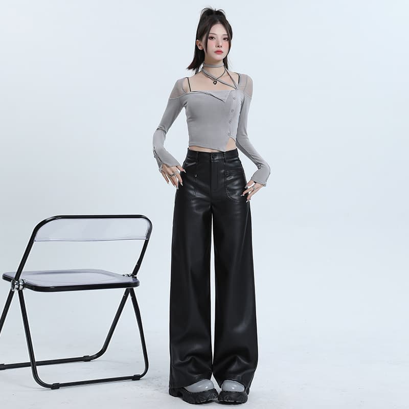 ダンス衣装 ヒップホップ 合成皮革ワイドパンツとへそ出しトップスセット