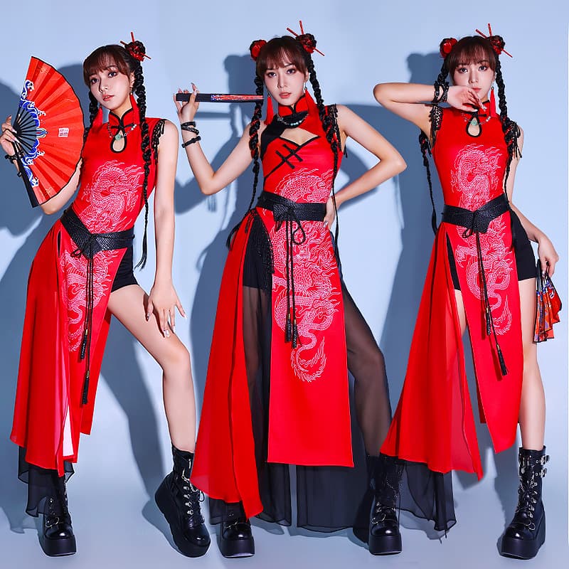 ダンス衣装 龍紋様チャイナ風ステージ衣装