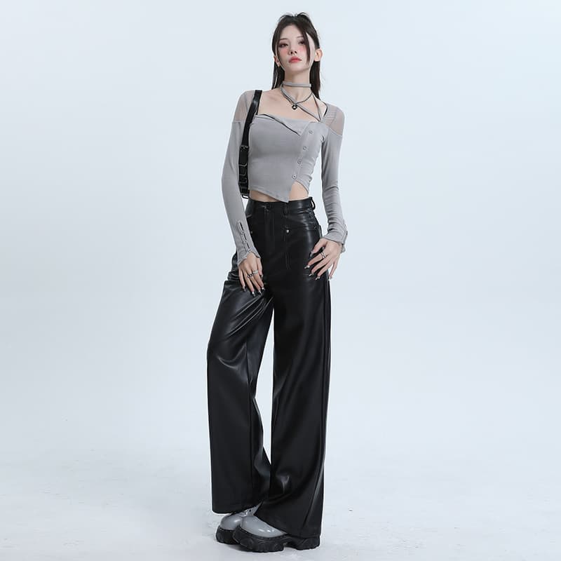ダンス衣装 ヒップホップ 合成皮革ワイドパンツとへそ出しトップスセット
